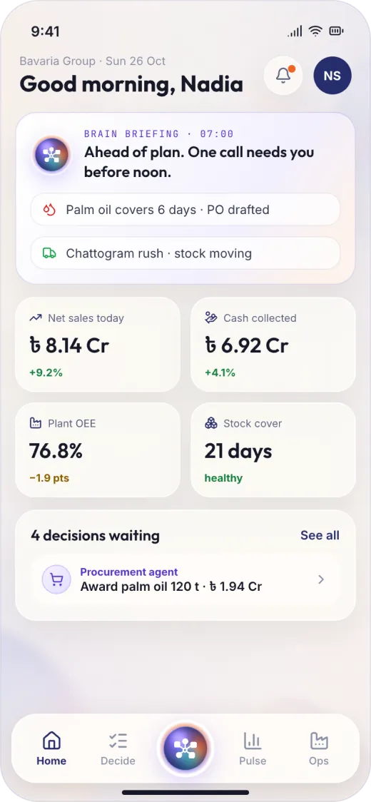 Business Brain mobile home with sample data